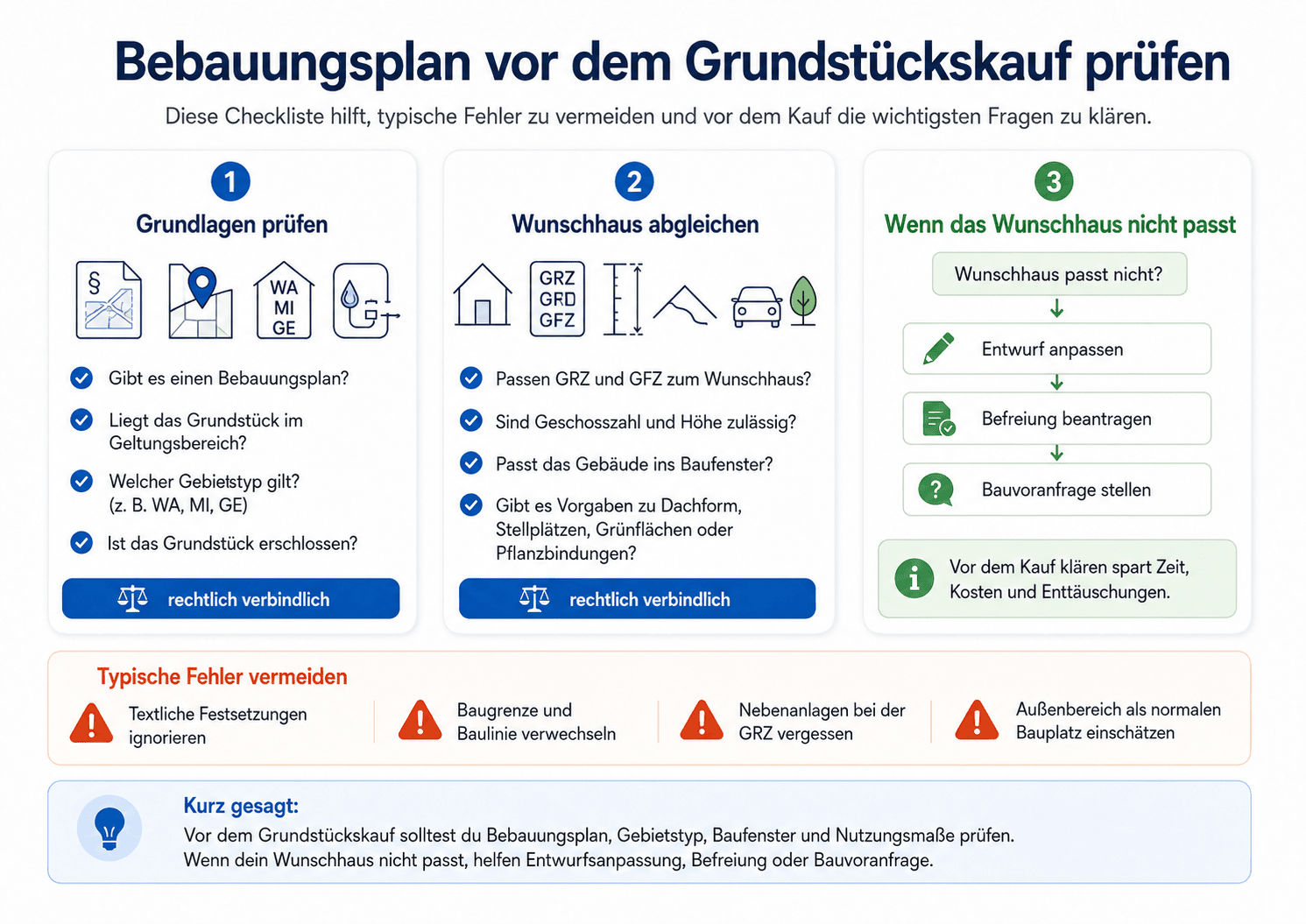 Drei-Spalten-Checkliste zur Prüfung des Bebauungsplans vor dem Grundstückskauf: Grundlagen prüfen, Wunschmaße abgleichen, was tun, wenn das Wunschhaus nicht passt. Plus eine Auflistung typischer Fehler.